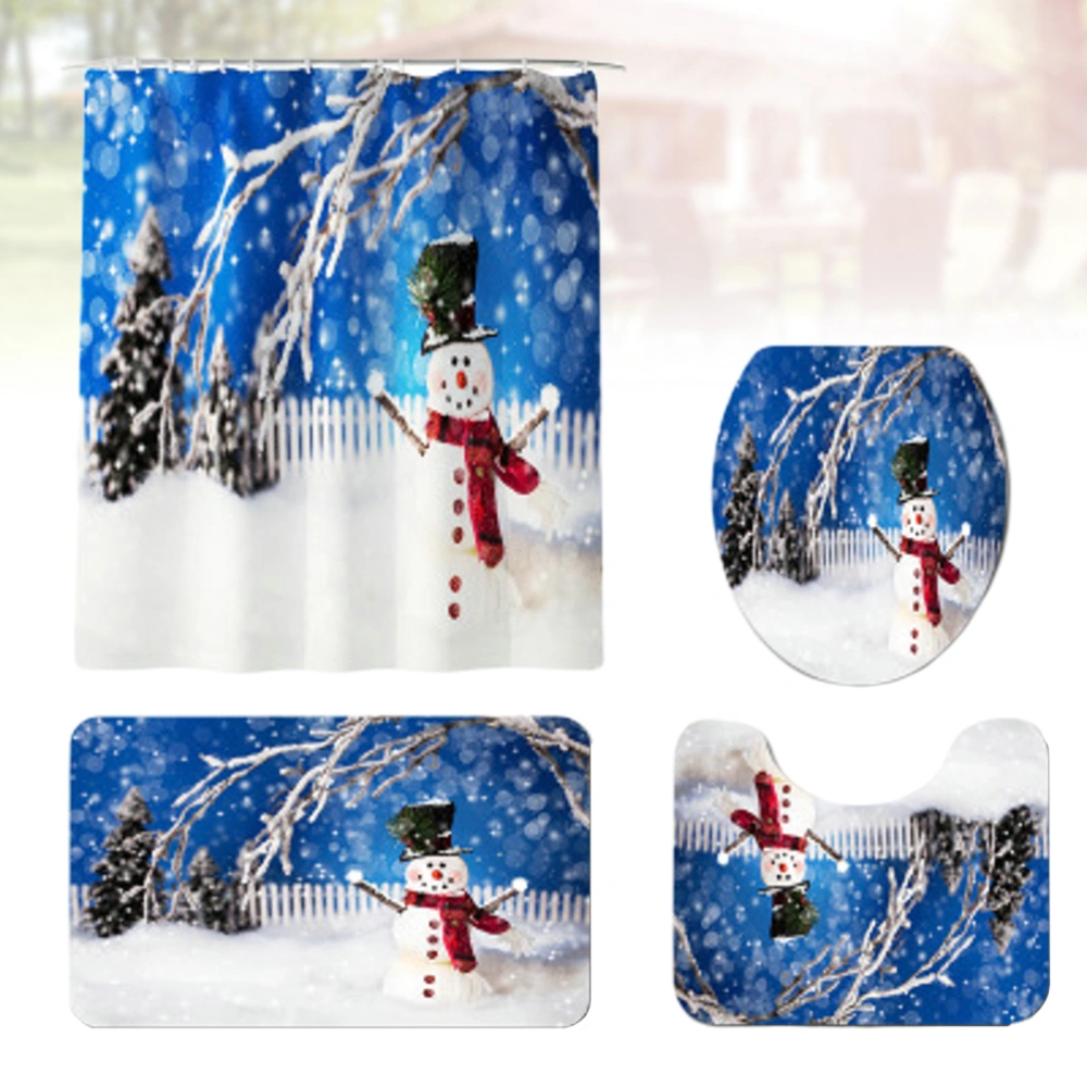 4 in 1 Curtain Bathroom Pads Set Anti-slip Christmas Theme Washroom Carpets Mat Waterproof Shower Curtain Toilet Seat Lid Cover for Home Hotel