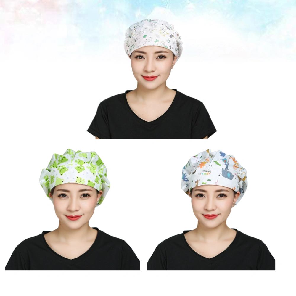 1 Set of 3Pcs Pure Cotton Printed Kitchen Oil Soot Resistant Hat Headcloth Nightcap Adjustable Working Hat for Hairdressers Workers (Kangaroo Rabbit)