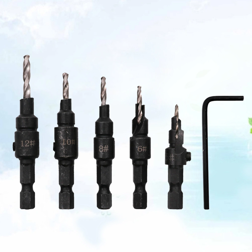 5pcs Countersink Drill Bit Set Hex Woodworking Hole Countersunk Head Drill Wood Hole Reamers with Wrench
