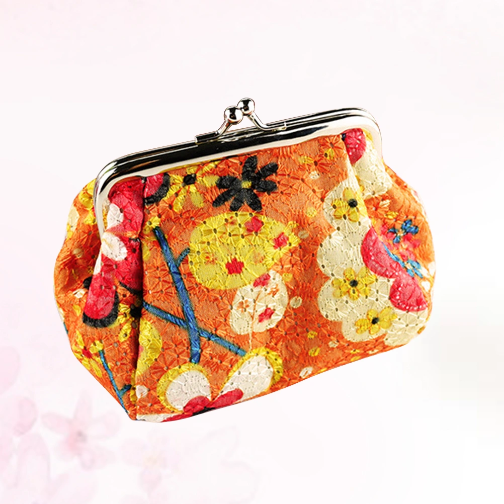 Embroidered Cloth Coin Bag Vintage Flower Charge Cash Bag Handbag for Girls Women (Orange)