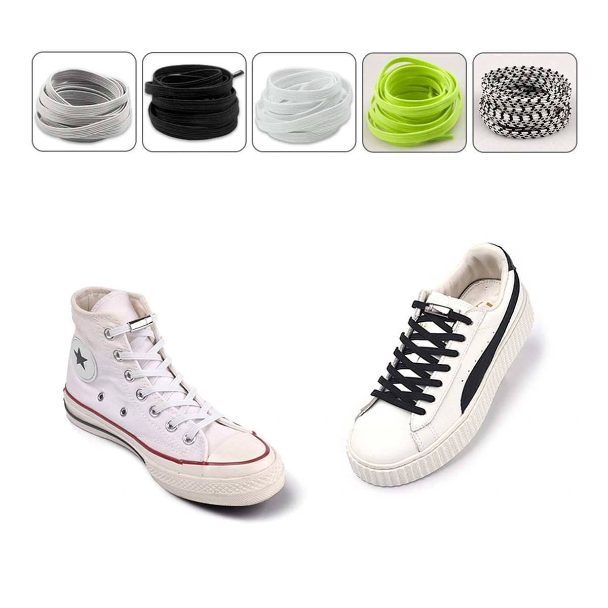 White with Black Elastic Shoe Laces Metal Tieless Shoelaces Strings Shoelaces with Silver Magnetic Buckle Device for Sneakers Boots Board and Casual Shoes