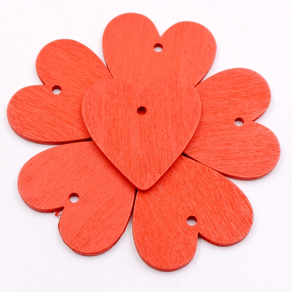 30pcs Heart Shape Pendants Pre-Hole Wooden DIY Hanging Ornament with Hemp Rope for Wedding Party Ceremony (Red)