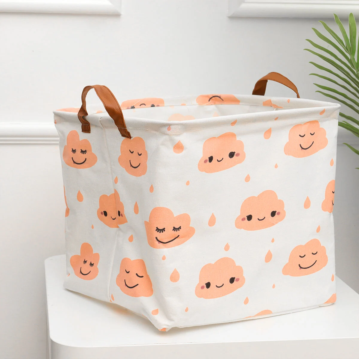 Foldable Cotton Linen Sundries Container Cartoon Dirty Clothes Bucket Waterproof Laundry Hamper with Handle (Pink Cloud)