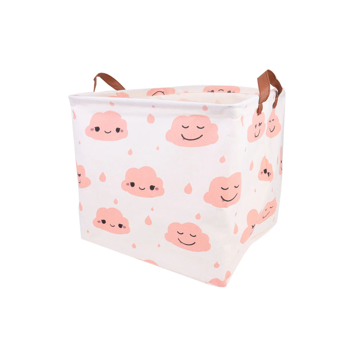 Foldable Cotton Linen Sundries Container Cartoon Dirty Clothes Bucket Waterproof Laundry Hamper with Handle (Pink Cloud)