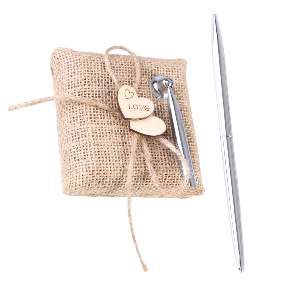 Burlap Pen Holder and Silver Pen Set for Rustic Wedding Signature Gift Package