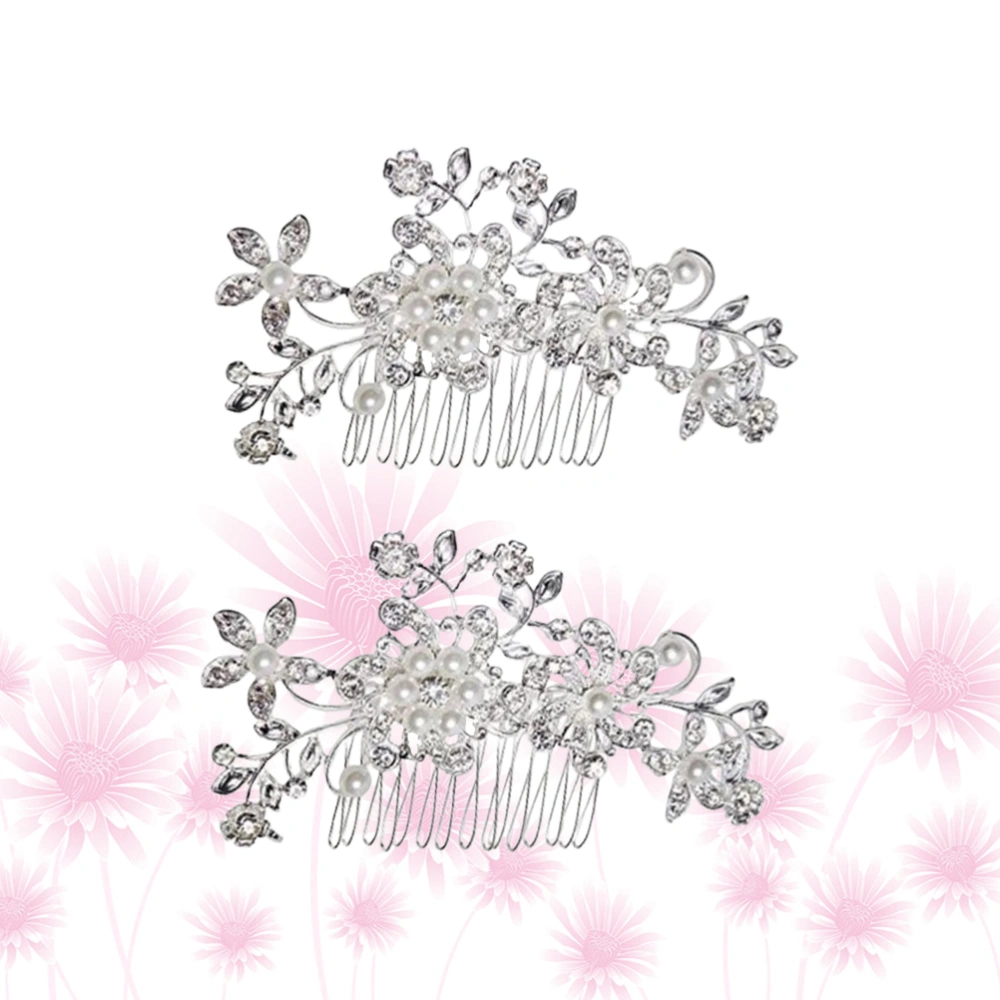 2Pcs Flower Shaped Rhinestone Hair Comb Pearl Hair Insert Comb Bride Hairpins Wedding Headdress Style 1