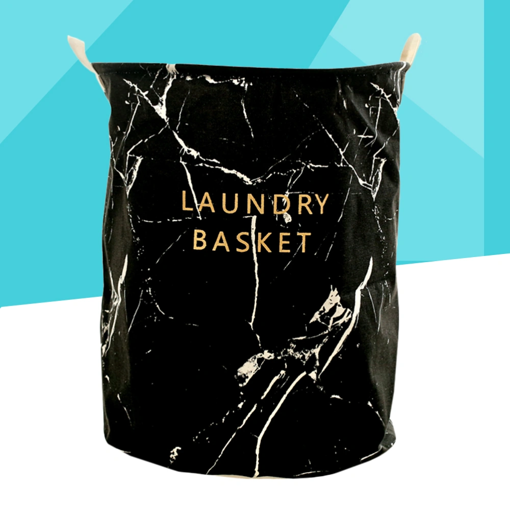 Printed Laundry Baskets Folding Marble Pattern Linen Fabric Laundry Organizing Basket(Black)