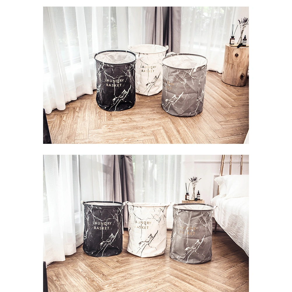 Printed Laundry Baskets Folding Marble Pattern Linen Fabric Laundry Organizing Basket(Black)