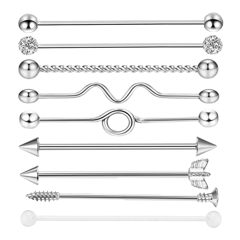 9pcs Industrial Ear Studs Stainless Steel Arrows Screw Barbell Shining Earring Piercing Jewelry for Woman Man