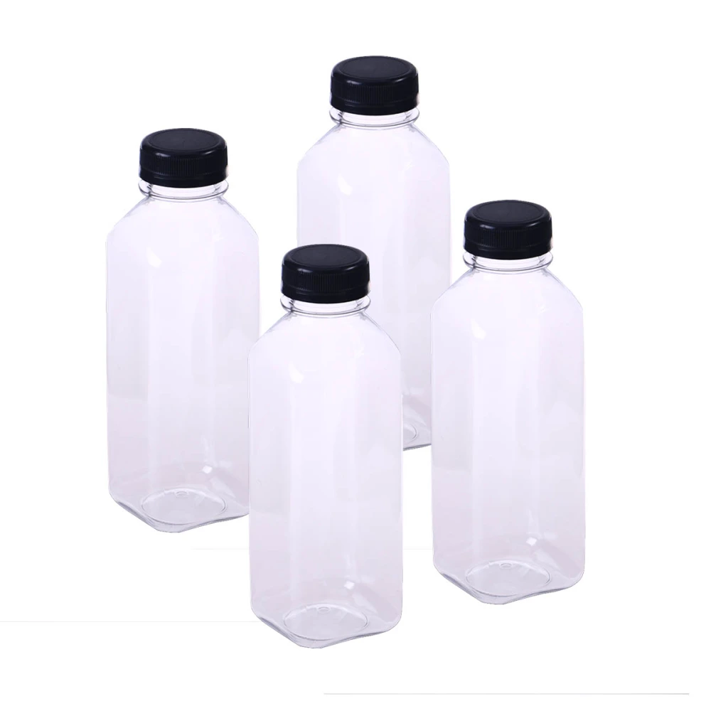 4Pcs PET Plastic Empty Storage Containers Bottles with Lids Caps Beverage Drink Bottle Juice Bottle Jar (Black Caps)