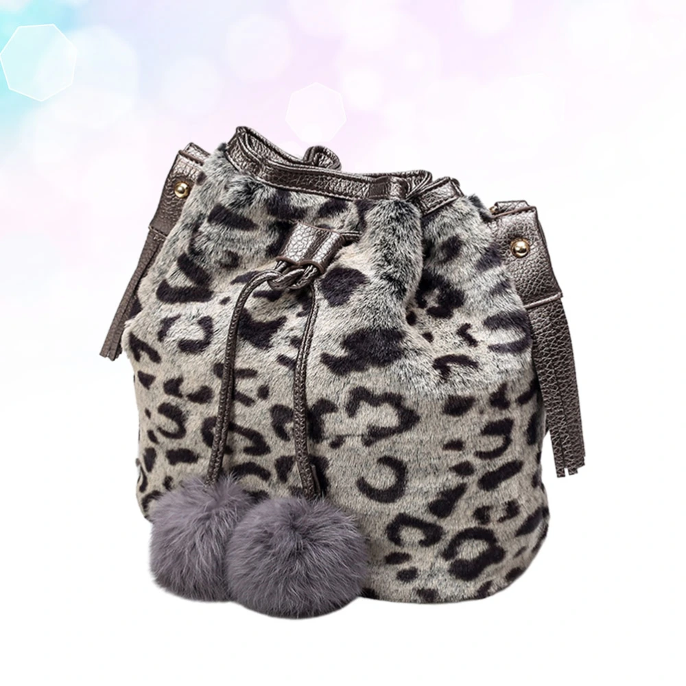 Grey Leopard Handbag Fashion Fluffy Shoulder Bag Pompon Bucket Bag Creative Crossbody Drawstring Bag for Girls Lady Woman