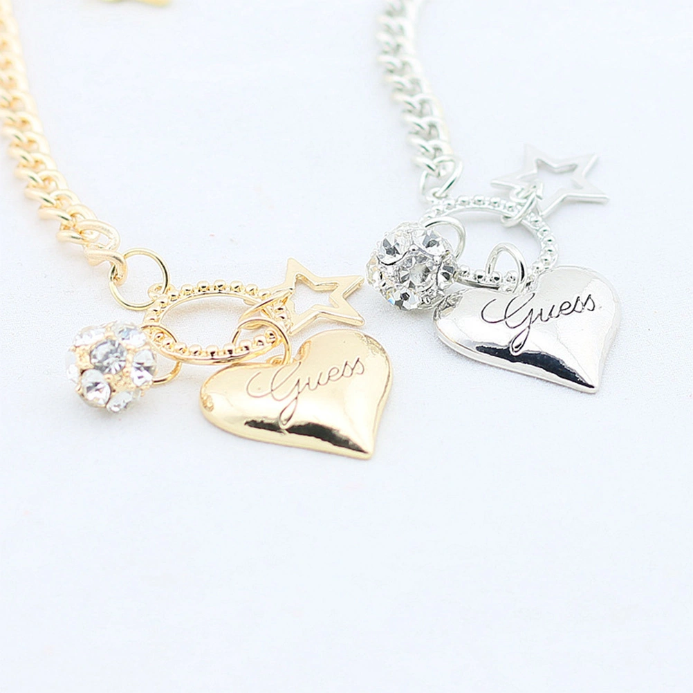 Woman Bracelet Rhinestone Ball Ornament Diamond Chain Pentagonal Star and Heart Shaped Pendant Accessory (Golden)
