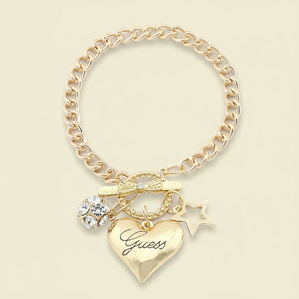 Woman Bracelet Rhinestone Ball Ornament Diamond Chain Pentagonal Star and Heart Shaped Pendant Accessory (Golden)