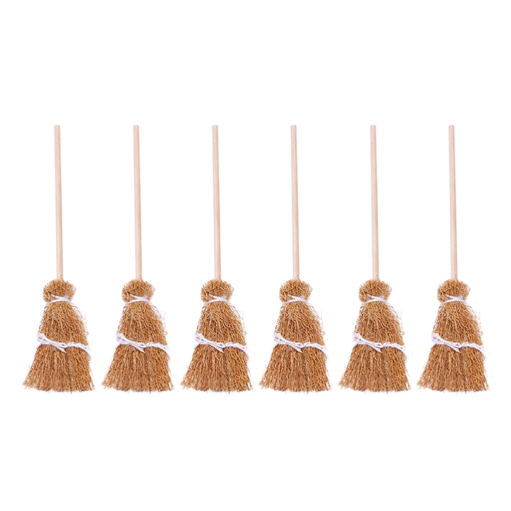 6pcs Mini House Broom Decors Mini Broom Ornaments Miniature Cleaning Tool Models (Light Brown)