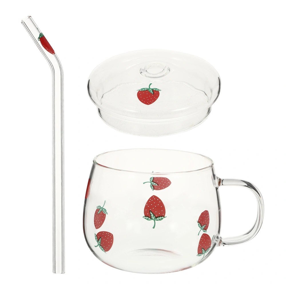 1 Set Glass Drinking Mug Lovely Strawberry Pattern Clear Glass Lid Straw Mug