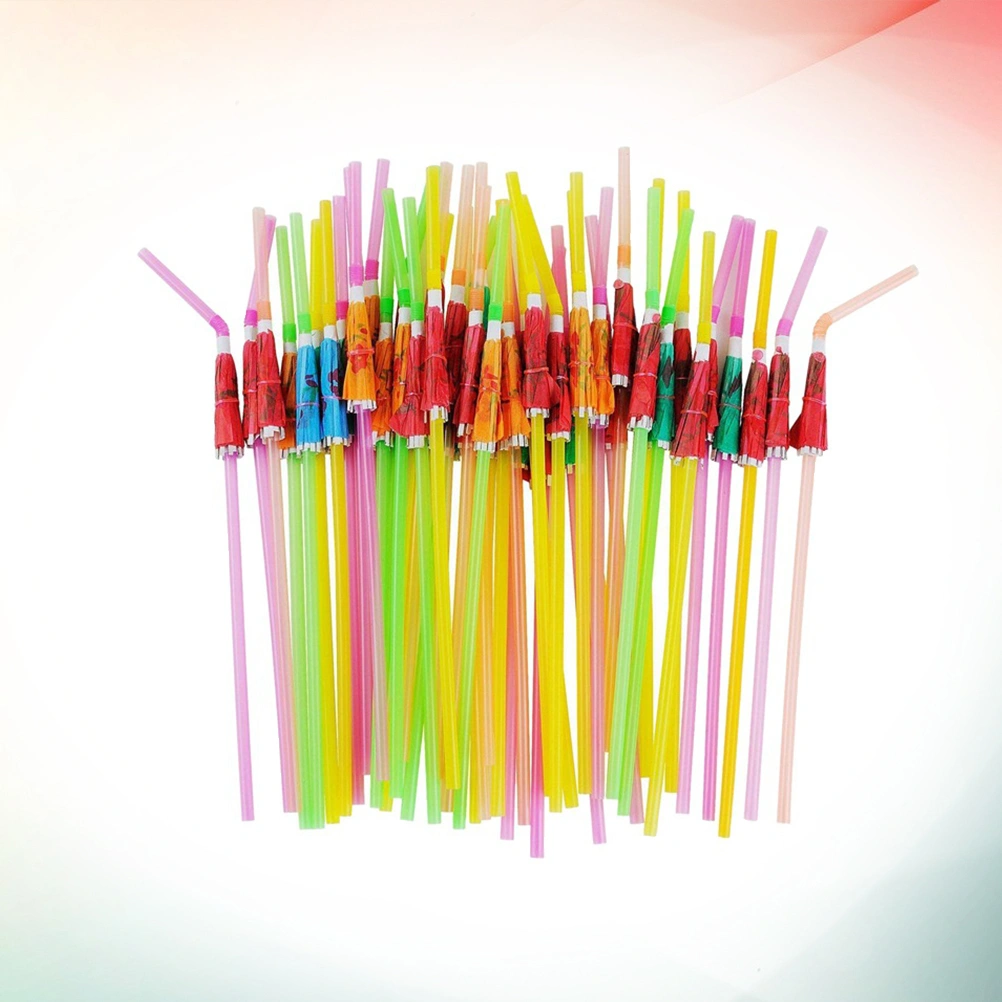 100PCS Plastic Umbrella Straws Disposable Drinking Suckers Tubularis for Bar Club DIY Party (Assorted Color)
