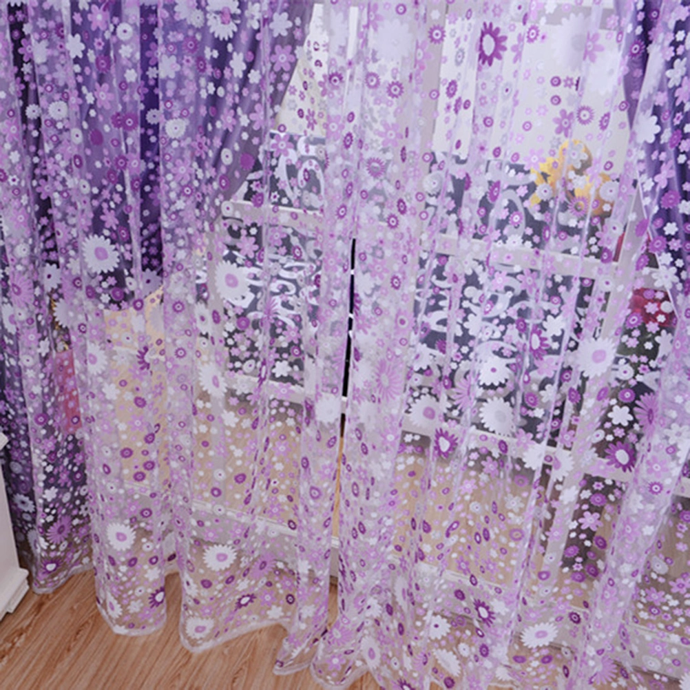 100x200cm Semi-Transparent Flower Sheer Curtains Floral Tulle Voile Window Screen Tassel Door Scarf Drapes Valance For Room Decor (Purple)
