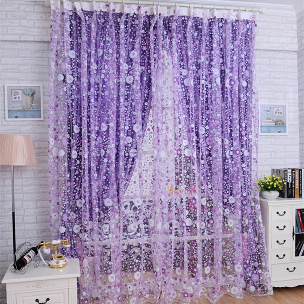 100x200cm Semi-Transparent Flower Sheer Curtains Floral Tulle Voile Window Screen Tassel Door Scarf Drapes Valance For Room Decor (Purple)