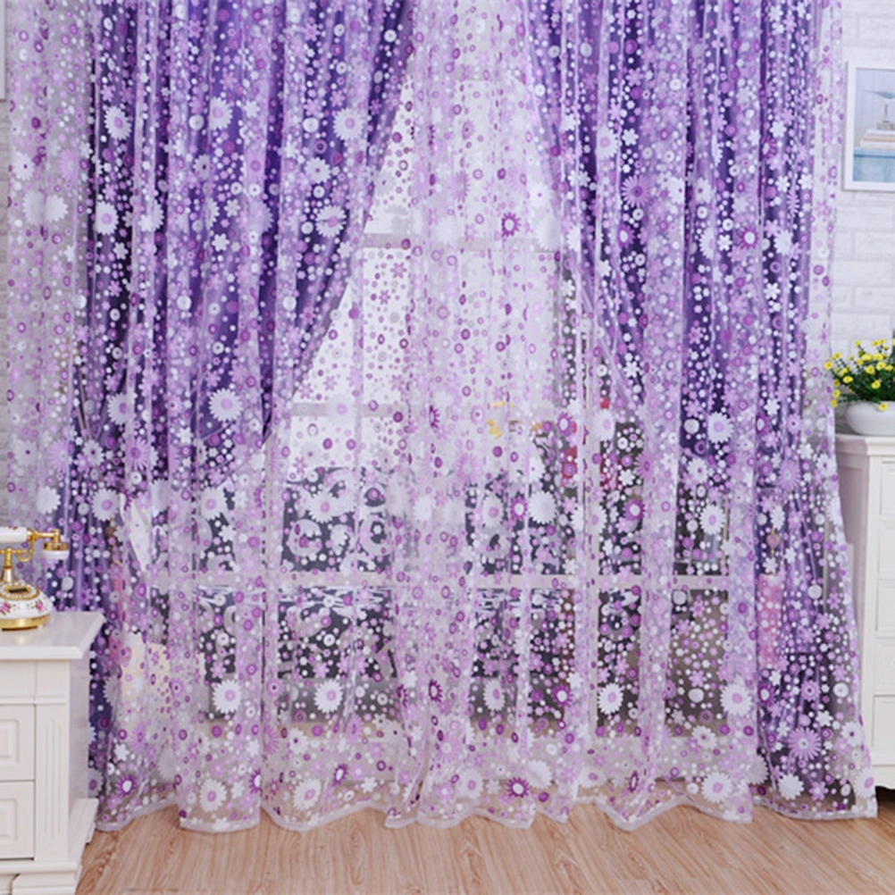 100x200cm Semi-Transparent Flower Sheer Curtains Floral Tulle Voile Window Screen Tassel Door Scarf Drapes Valance For Room Decor (Purple)