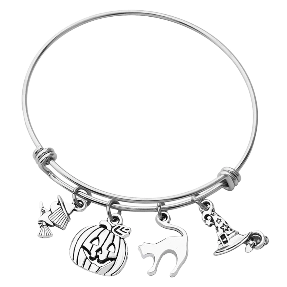 Adjustable Bracelet Retro Witch Pumpkin Pendant Wrist Chain Creative Stainless Steel Bangle for Decoration (Silver)