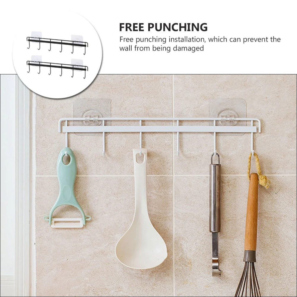 2Pcs No Punching Hangers Kitchen Hanging Hooks 6-hook Utensils (Random Color)