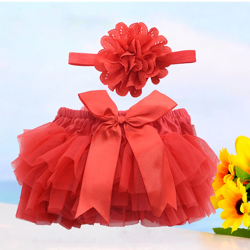 1pc Tutu Skirt and Flower Headband Baby Girls Photography Props Newborn Birthday Dress Headwear Size S(Red)