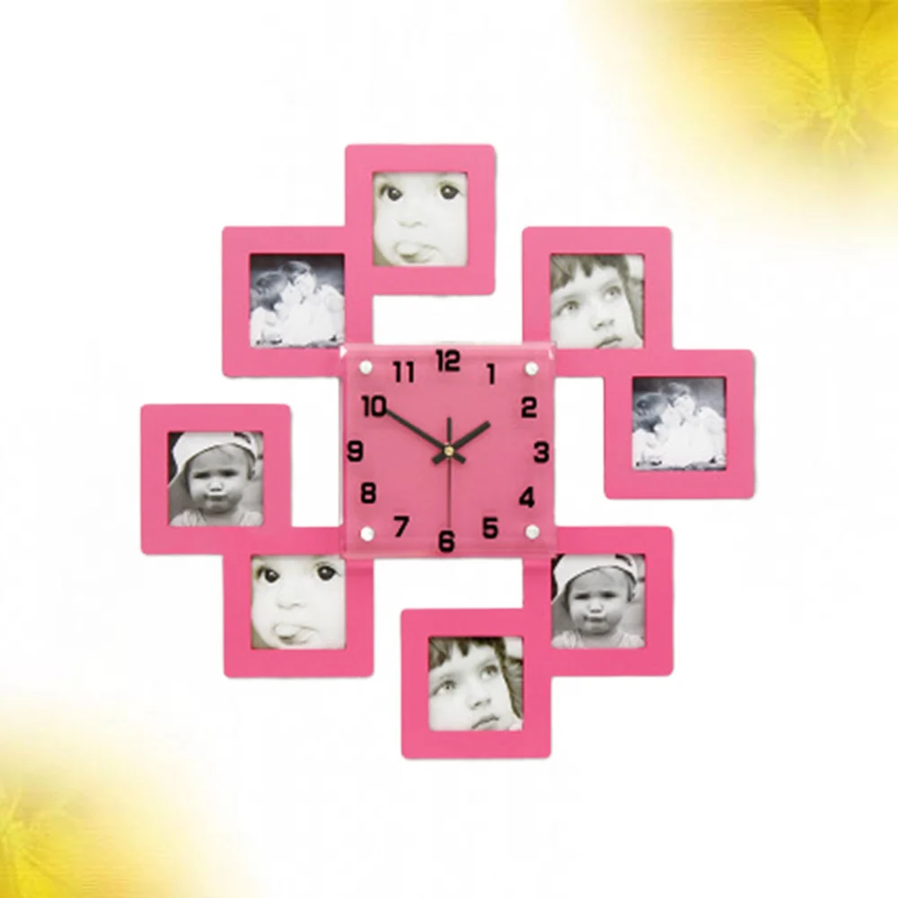 Creative Wooden Wall Clock with 8 Photo Frames Decorative Silent Hanging Clocks without Battery (Pink)