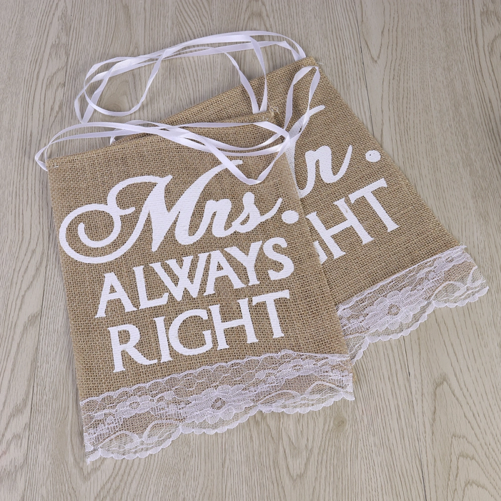 2pcs Mr Right Mrs Always Right Chair Banners Set Rustic Burlap Chair Signs With Lace Fringe Photo Booth Props Vintage Wedding Party Decoration (Khaki)