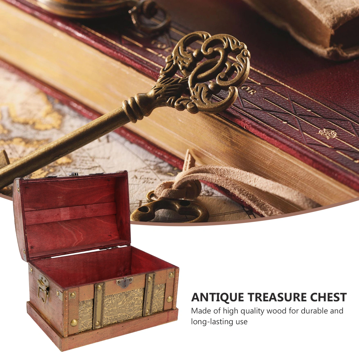 Wooden Vintage Treasure Box Collectibles Jewelry Box Storage Organizer Trinket Keepsake Chest Pack (Small Size with Lock, Random Lock Style)