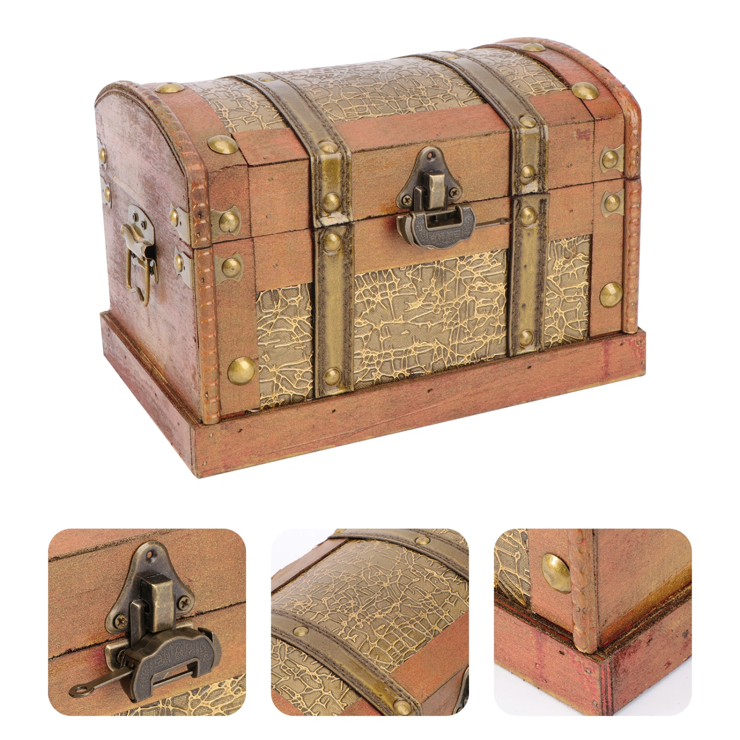 Wooden Vintage Treasure Box Collectibles Jewelry Box Storage Organizer Trinket Keepsake Chest Pack (Small Size with Lock, Random Lock Style)