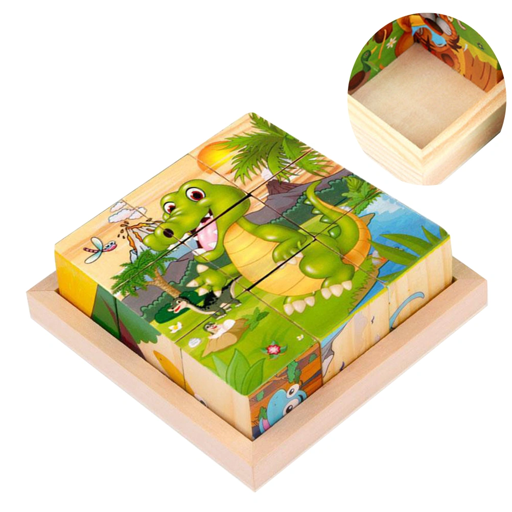 1 Set Six-sided Drawing Puzzle Jigsaw 3D Wooden Building Block Puzzle Toy Cartoon Patterns Puzzle Game Early Educational Toy for 3-6 Years Old Baby Kids Playing with 1PC Tray (9 Grains Dinosaur World Style)