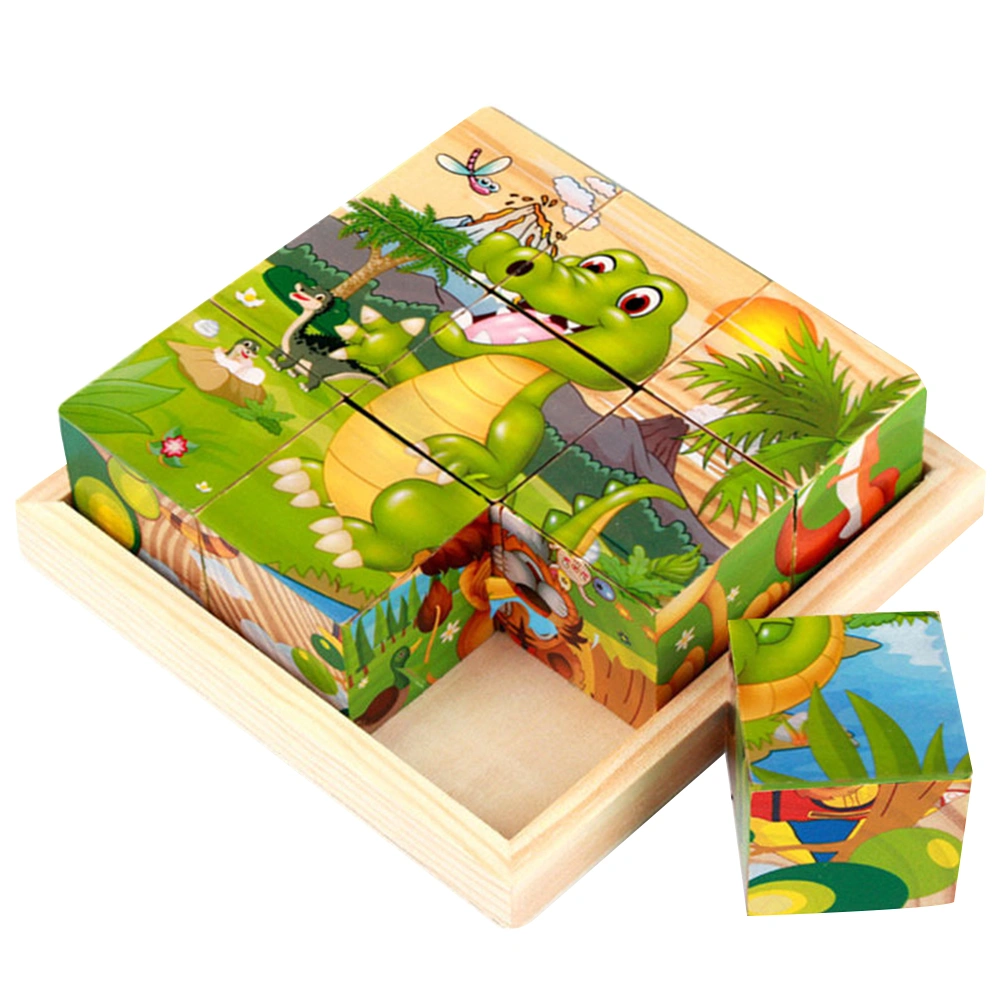 1 Set Six-sided Drawing Puzzle Jigsaw 3D Wooden Building Block Puzzle Toy Cartoon Patterns Puzzle Game Early Educational Toy for 3-6 Years Old Baby Kids Playing with 1PC Tray (9 Grains Dinosaur World Style)