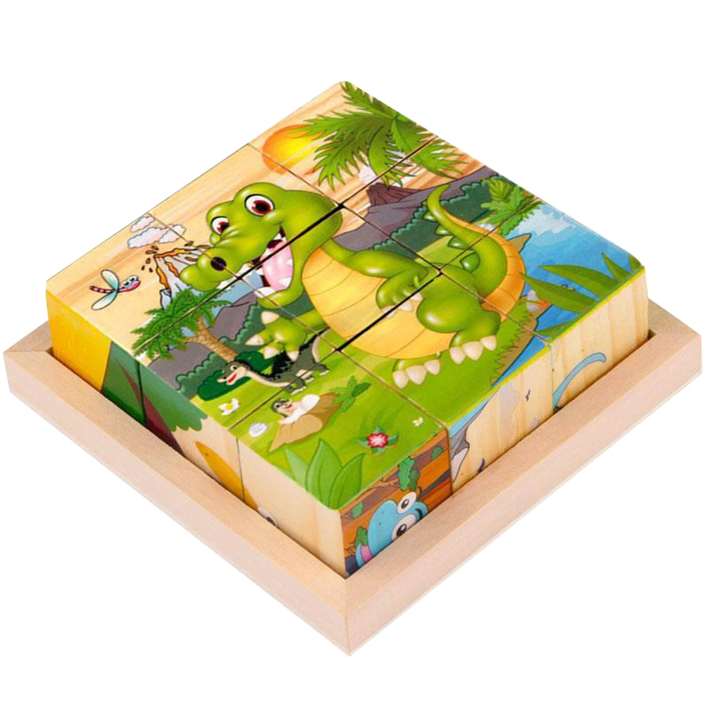 1 Set Six-sided Drawing Puzzle Jigsaw 3D Wooden Building Block Puzzle Toy Cartoon Patterns Puzzle Game Early Educational Toy for 3-6 Years Old Baby Kids Playing with 1PC Tray (9 Grains Dinosaur World Style)