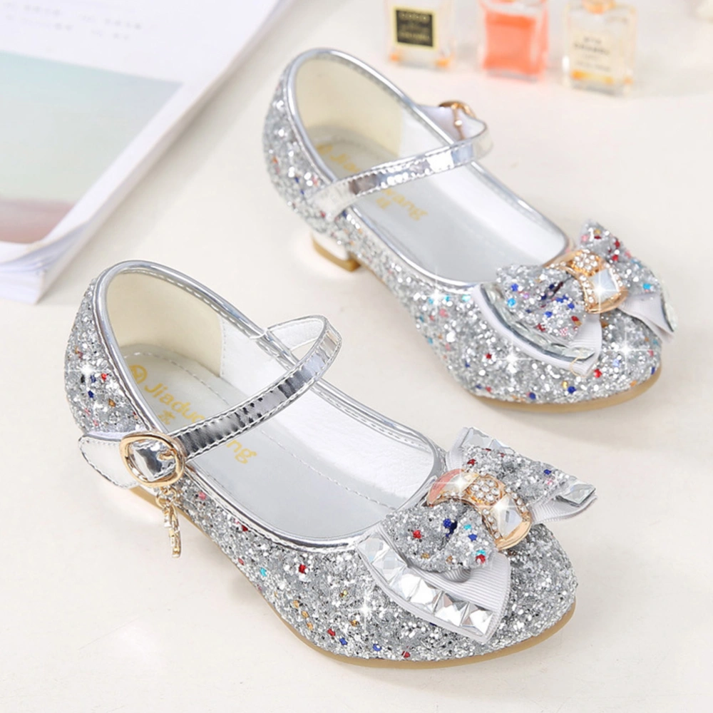 1 Pair of Kid's High-heeled Shoes Delicate Sequins Bowknot Decorative Spring Shoes Performance Dance Shoes (Silver Size 27)