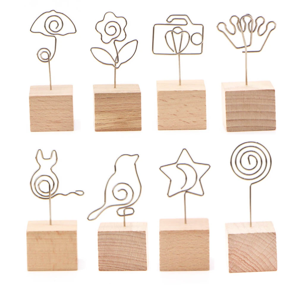 8PCS Creative Simple Wooden Notes Folder Business Holder Wire Photo Message Clip Mixed Style