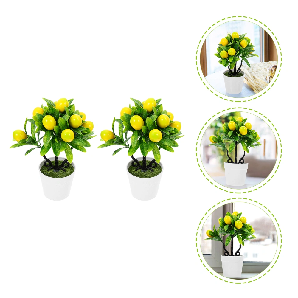 2Pcs Artificial Plants Home Desktop Fake Lemon Tree Decors Simulation Bonsai Ornaments