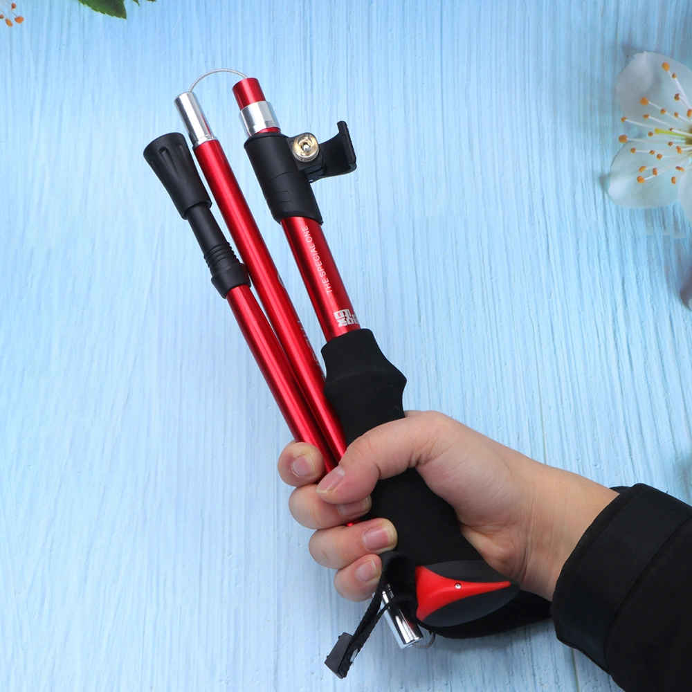 Foldable 5 Section Telescopic Trekking Pole Straight Walking Cane Aluminium Alloy Anti-slip Adjustable Walking Stick for Hiking Clamping Mountaineering with a Storage Bag(Red)