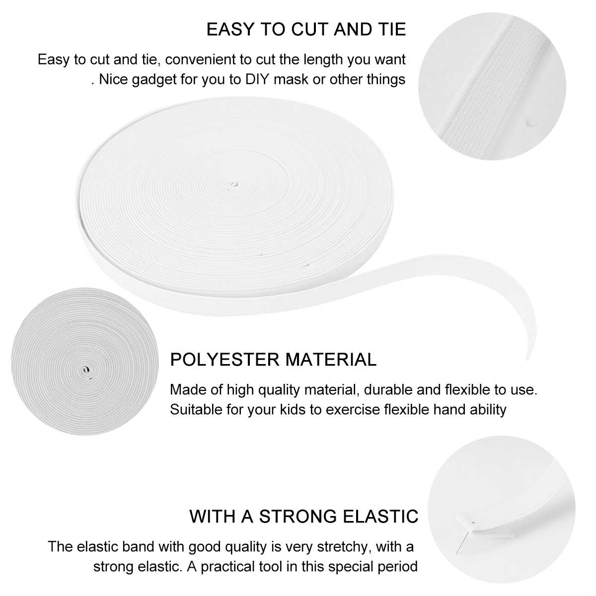1 Roll 1.5cm Width 16m Length Elastic String Mask Rope Ear Hanging String Broadside Elastic Spool Mask Making Material for Home Factory Shop (White)
