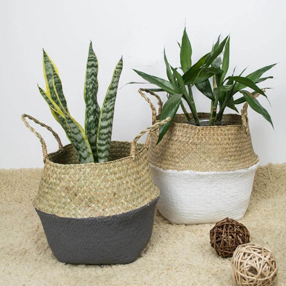 Hand Knitting Flower Basket Woven Belly Storage Basket Seagrass Flowerpot 27 x 23cm (White Bottom)