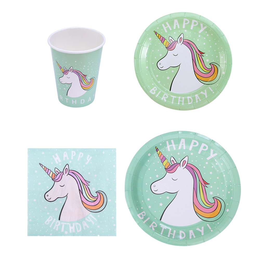 1 Set Kids Birthday Disposable Tableware Cartoon Green Unicorn Napkins Paper Plates Cups Dinner Decor Party Supplies