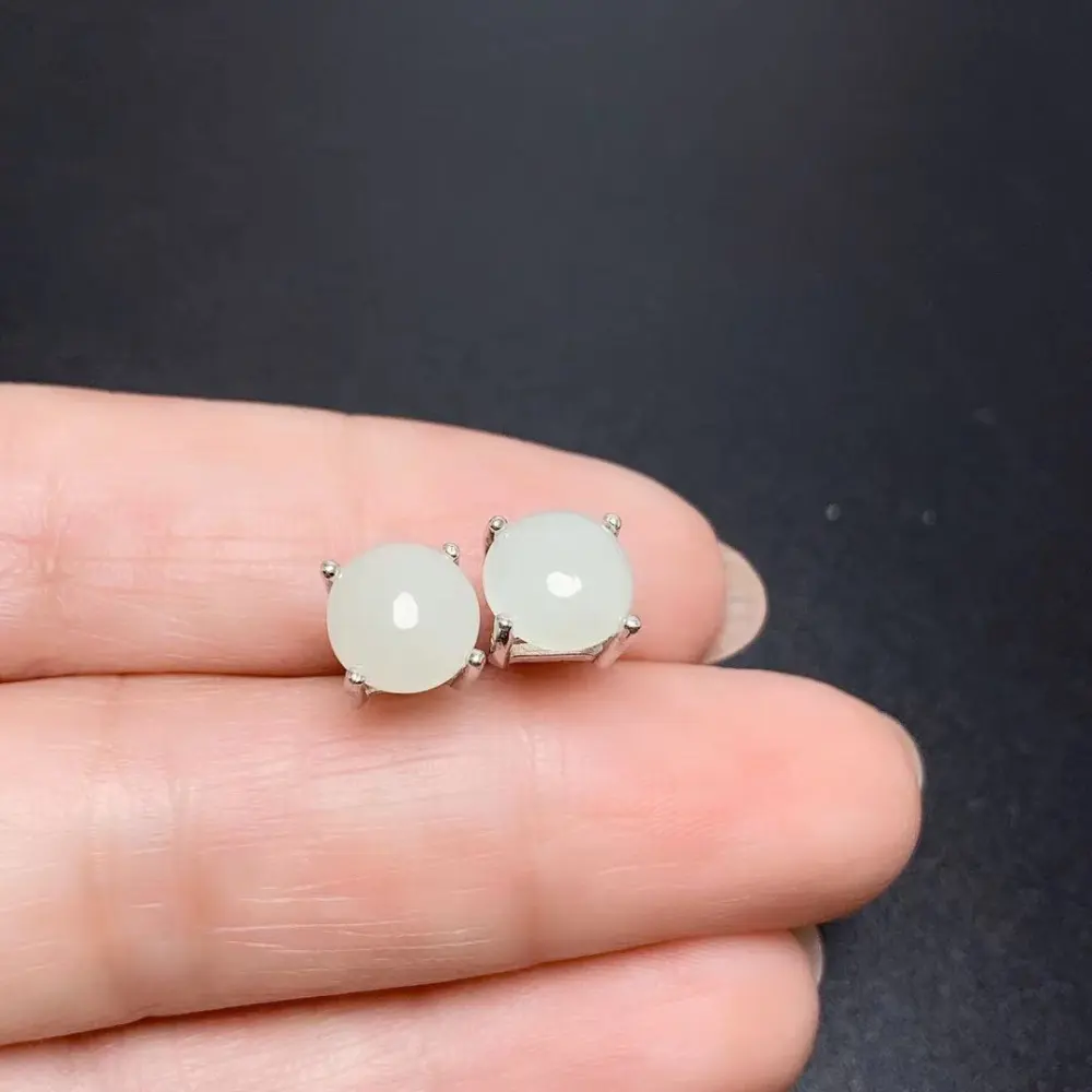 S925 Silver Natural Hetian Jade White Jade Retro Simple All-match Artistic Female Stud Earrings