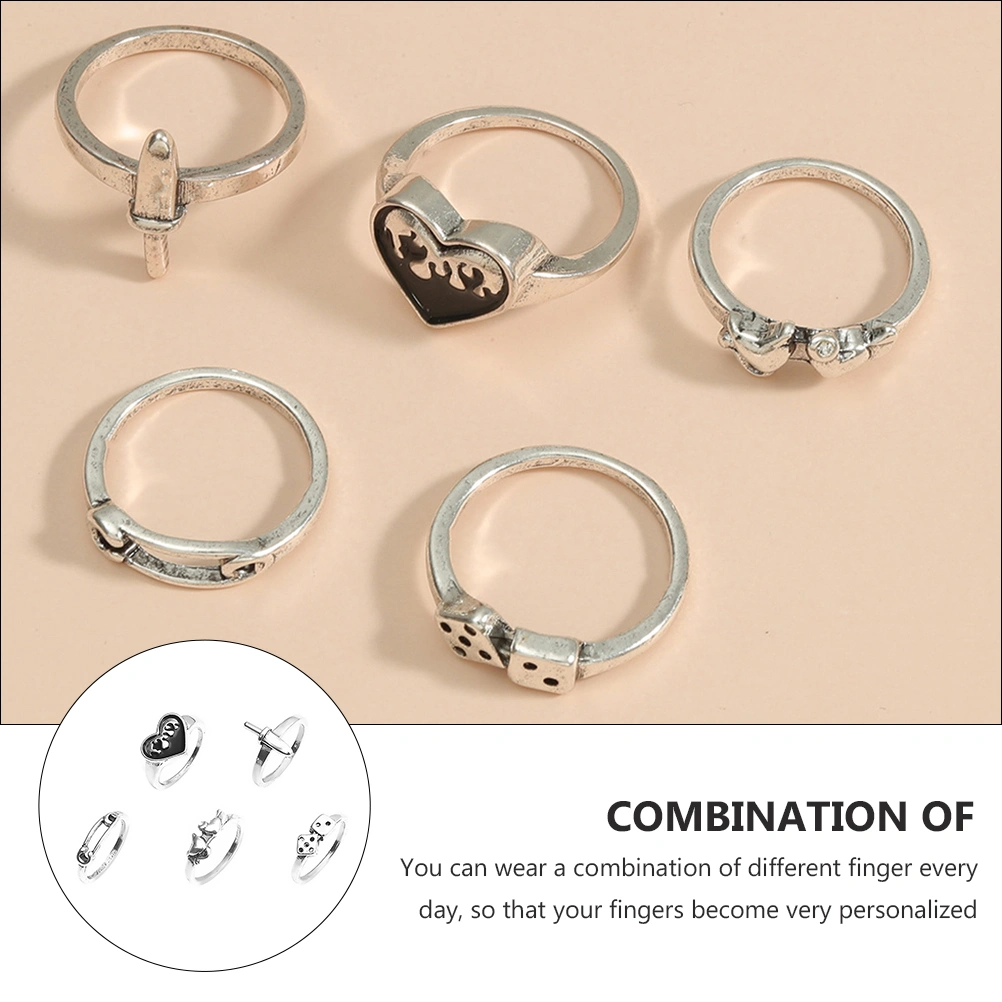 5pcs Retro Finger Ring Set Simple Alloy Heart Dice Ring Delicate Ring Jewelry