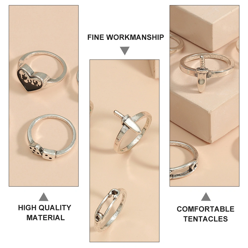 5pcs Retro Finger Ring Set Simple Alloy Heart Dice Ring Delicate Ring Jewelry