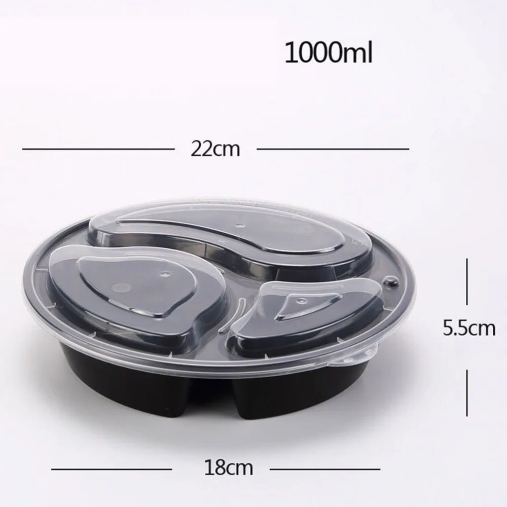 15pcs Disposable Round Plastic Bento Box 3-Compartment Meal Prep Container Safe Food Storage Containers Fast Food Box 1000ml(Black)