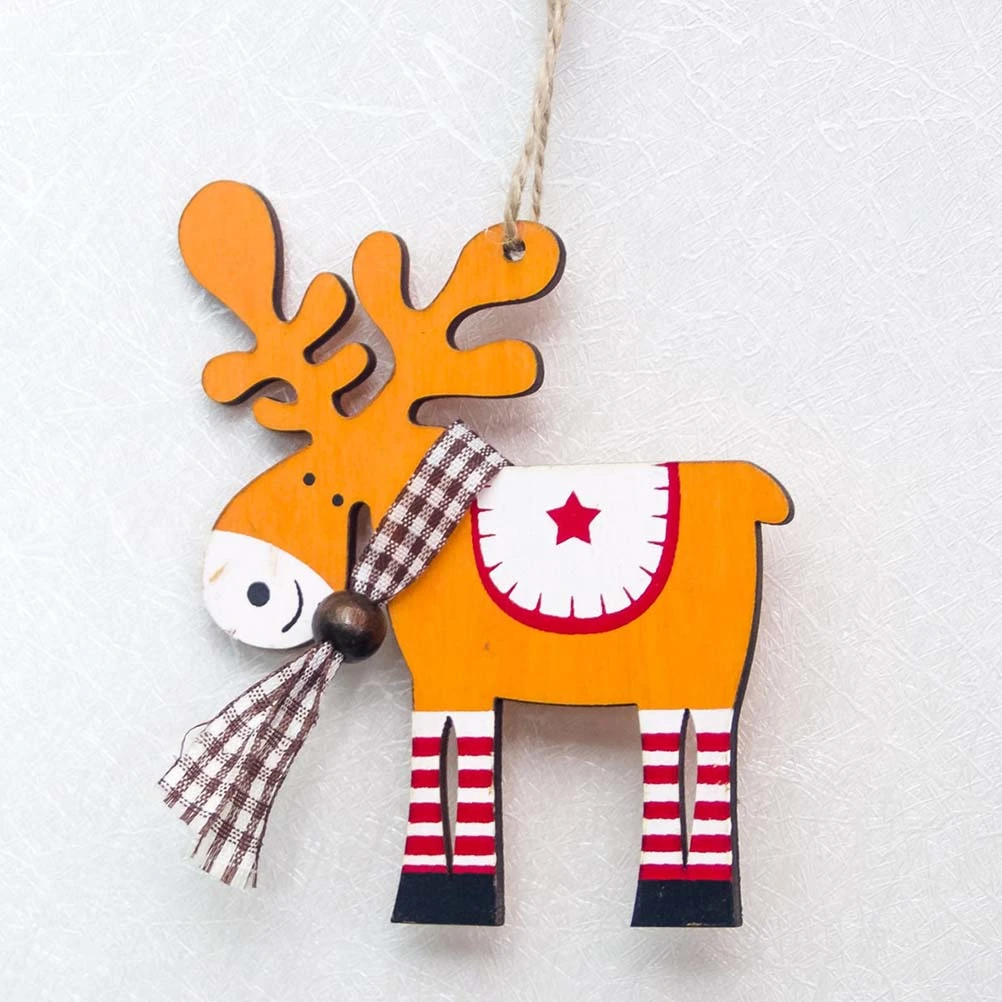 5pcs Christmas Tree Decor Wood Painted Elk Pendant Xmas Party Decor Deer Pendant Christmas Decoration for Home (Orange)