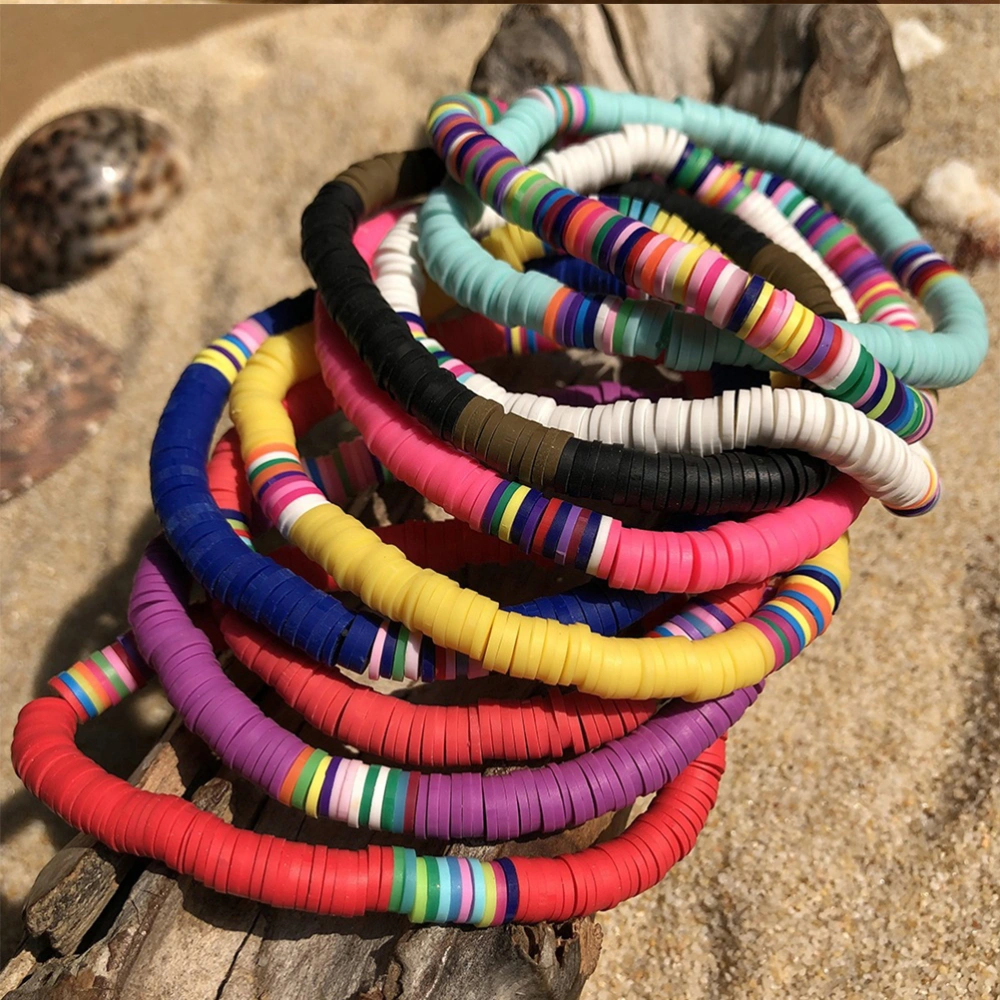 10pcs 6mm Bohemian Bracelets Colorful Polymer Clay Hand Ropes Beach Elastic Rope Bracelets(Assorted Designs)