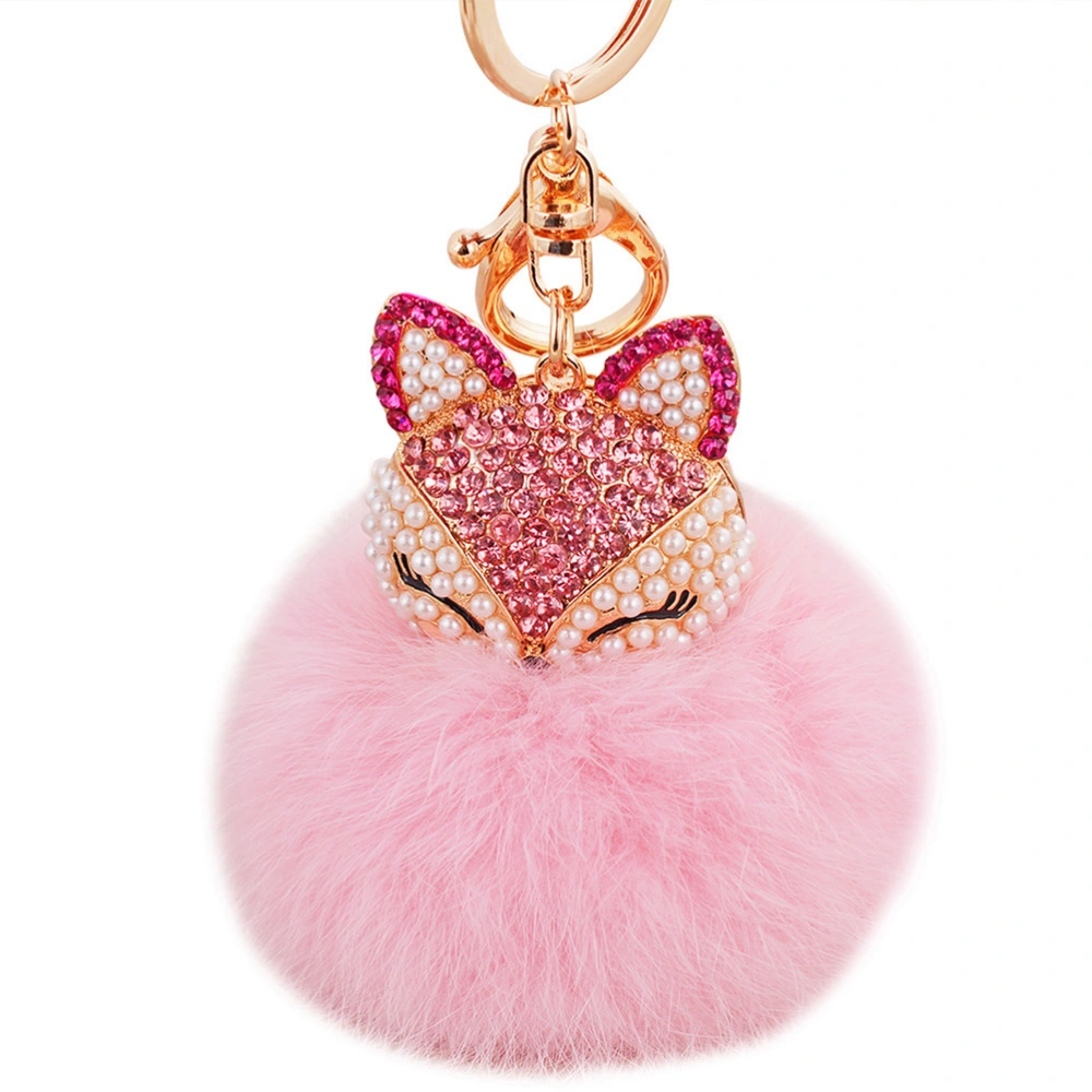 Crystal Faux Rabbit Fur Keychain Bag Charm Car Key Chain Key Ring Jewelry (Pink Ball)