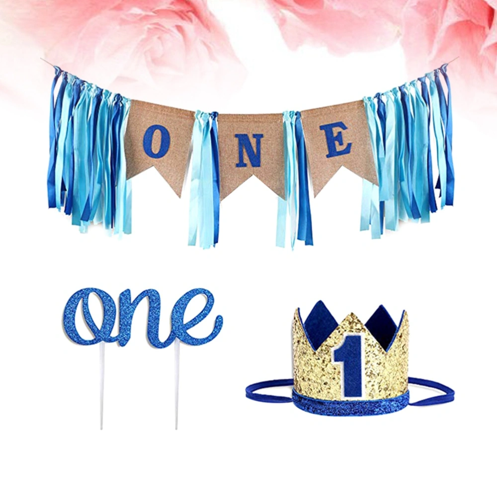 3PCS Baby One Year Letter Birthday Cake Banner Party Crown Plugin Birthday Headwear Dinette Set for Birthday Festival Gift Decor (Blue)