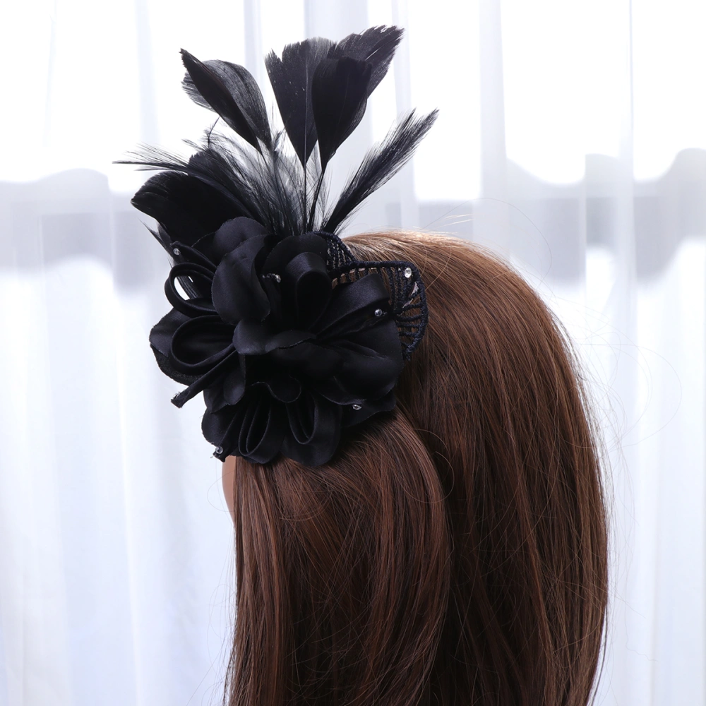 1PC Cloth Flower Feather Brooch Elegant Breastpin Hairpin for Women Lady Girls (Black)