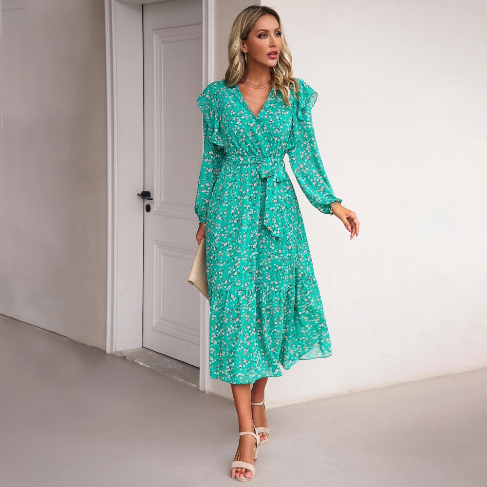 Fashion Casual Floral V-neck Long-sleeve Dress Women